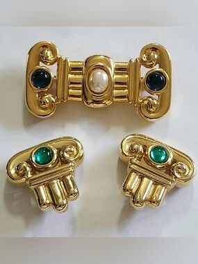 Paolo Gucci Clip Earrings and Brooch 18K Gold Emerald Sapphire Pearl